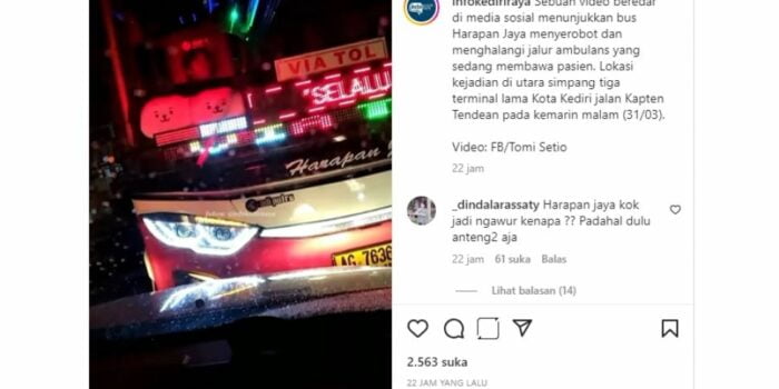 Viral Bus Harapan Jaya Lawan Arah Halangi Ambulans Membawa Pasien di Kediri